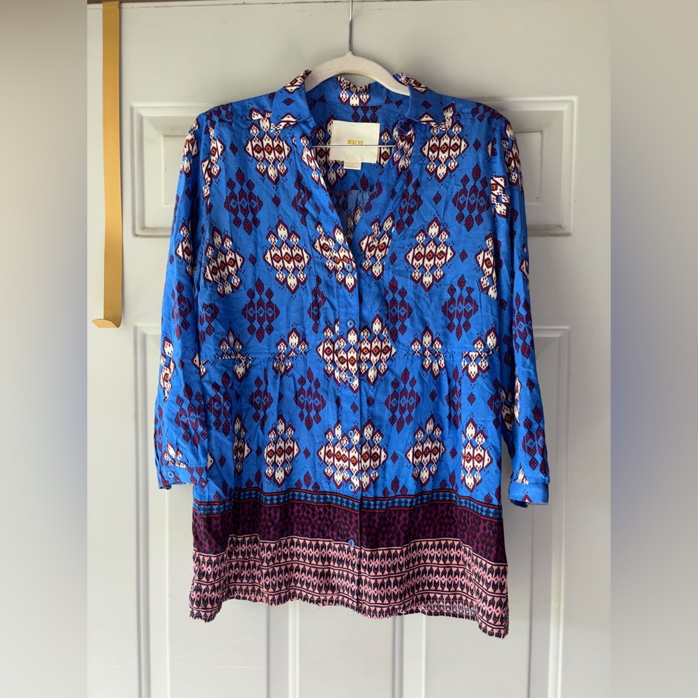 Maeve Anthropologie blue patterned tunic top size 4